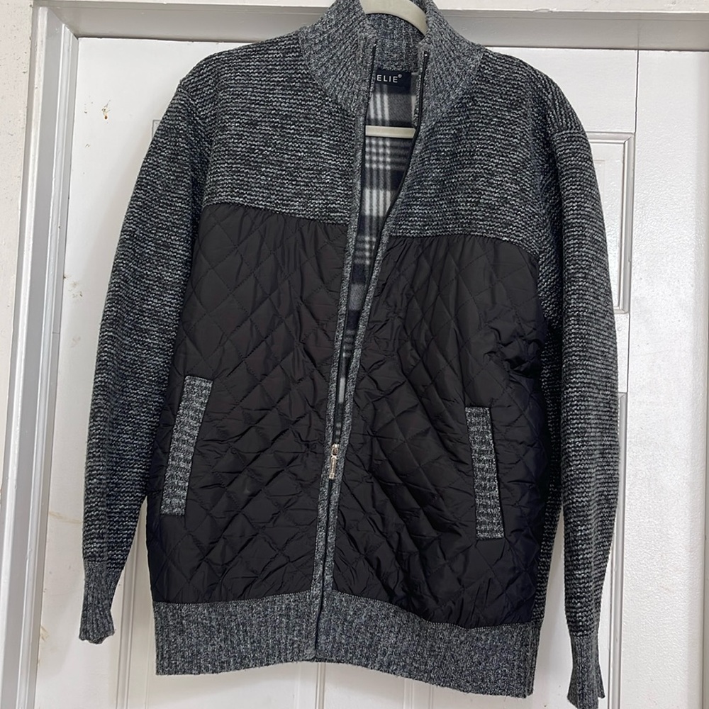 Delie Mens Large Knit Flannel Zipper Jacket with Puffer Panels